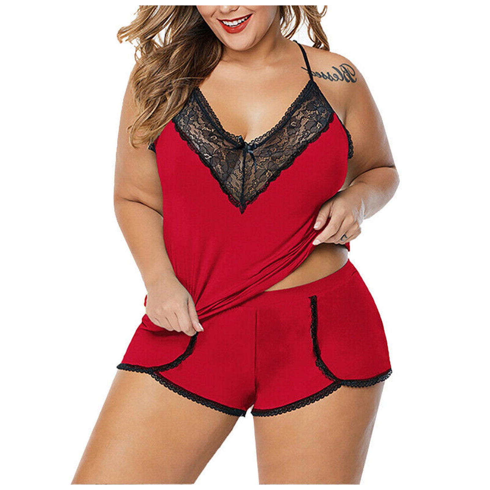 Plus Size Sleepwear Set Ladies Patchwork Lace Seamless Fashion Women Sexy Satin Silk V-neck Camisole Shorts Lingerie Pajamas