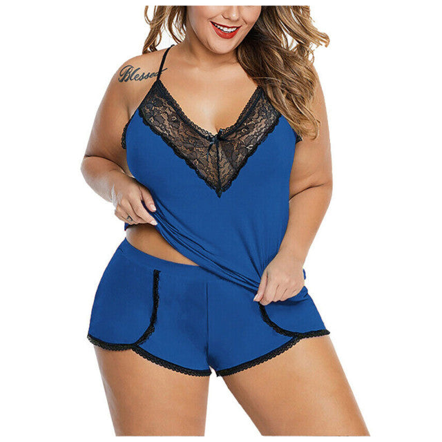 Plus Size Sleepwear Set Ladies Patchwork Lace Seamless Fashion Women Sexy Satin Silk V-neck Camisole Shorts Lingerie Pajamas