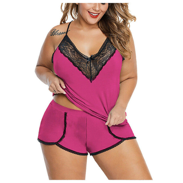 Plus Size Sleepwear Set Ladies Patchwork Lace Seamless Fashion Women Sexy Satin Silk V-neck Camisole Shorts Lingerie Pajamas
