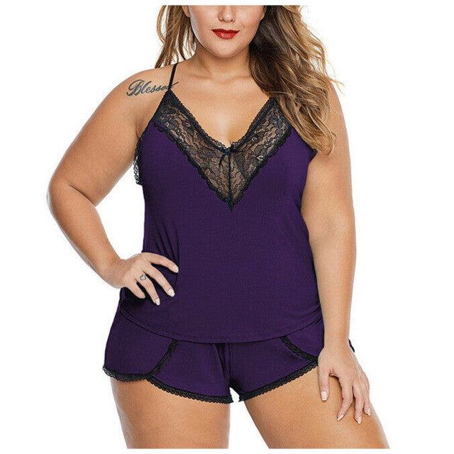 Plus Size Sleepwear Set Ladies Patchwork Lace Seamless Fashion Women Sexy Satin Silk V-neck Camisole Shorts Lingerie Pajamas