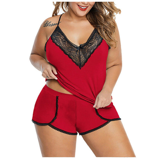 Plus Size Sleepwear Set Ladies Patchwork Lace Seamless Fashion Women Sexy Satin Silk V-neck Camisole Shorts Lingerie Pajamas