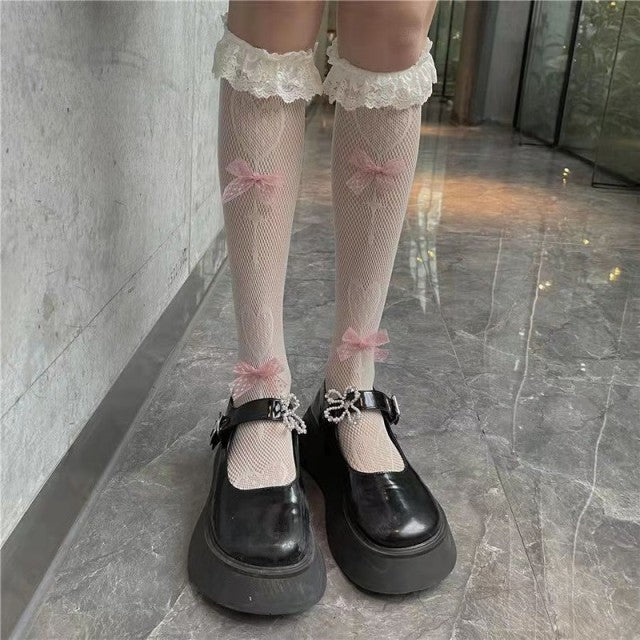 Women Sexy Polka Dot Print Stockings Knee High Socks Soft Nylon Elastic Fishnet Girls Lolita Cute Fashion Long Leg Socks Black