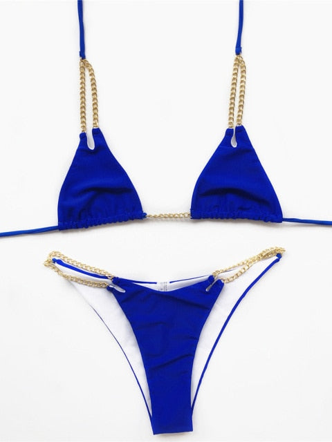 7 Colors Sexy Halter Bikini Female Swimsuit Women Swimwear Two-pieces Bikini set Metal Chain Bather Bathing Suit Swim Lady V2362
