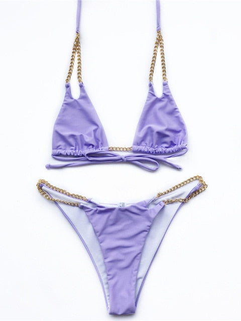7 Colors Sexy Halter Bikini Female Swimsuit Women Swimwear Two-pieces Bikini set Metal Chain Bather Bathing Suit Swim Lady V2362