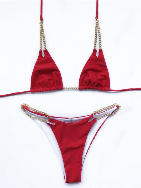 7 Colors Sexy Halter Bikini Female Swimsuit Women Swimwear Two-pieces Bikini set Metal Chain Bather Bathing Suit Swim Lady V2362