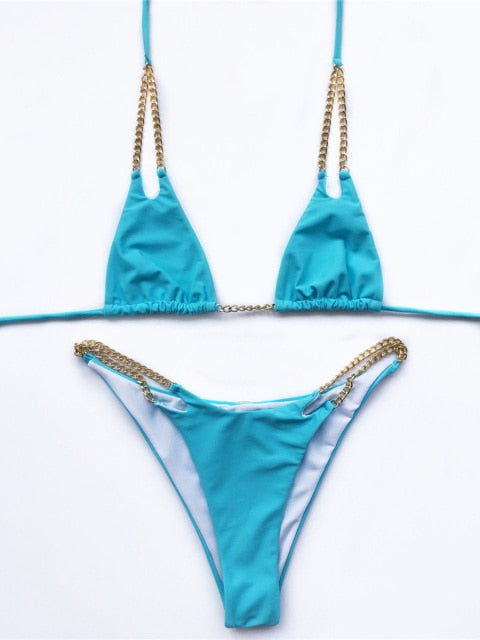 7 Colors Sexy Halter Bikini Female Swimsuit Women Swimwear Two-pieces Bikini set Metal Chain Bather Bathing Suit Swim Lady V2362
