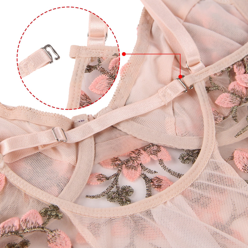 Comeondear Floral Embroidery Bodysuit Women Lace Up Bandage Bodies Sexy Sleeveless Bodycon Transparent Lingerie Mesh Bodysuits