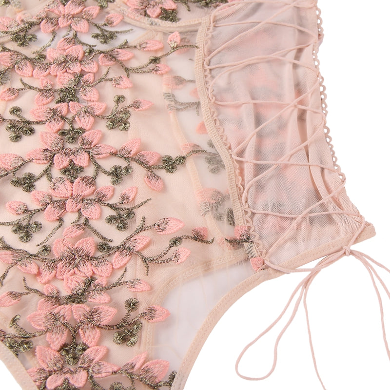 Comeondear Floral Embroidery Bodysuit Women Lace Up Bandage Bodies Sexy Sleeveless Bodycon Transparent Lingerie Mesh Bodysuits
