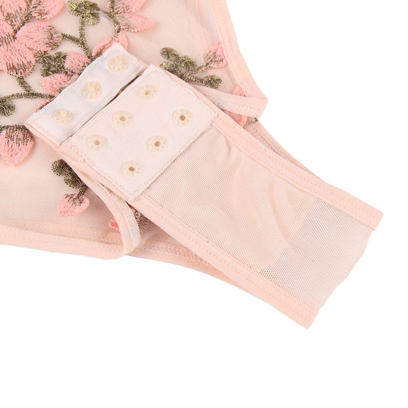 Comeondear Floral Embroidery Bodysuit Women Lace Up Bandage Bodies Sexy Sleeveless Bodycon Transparent Lingerie Mesh Bodysuits