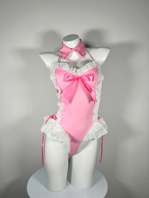 Kawaii Maid Temptation Lace Uniform Girls Bust Bow Side Bandage Backless Sexy Catwomen Outfit Lingerie One Piece Bodysuit NEW