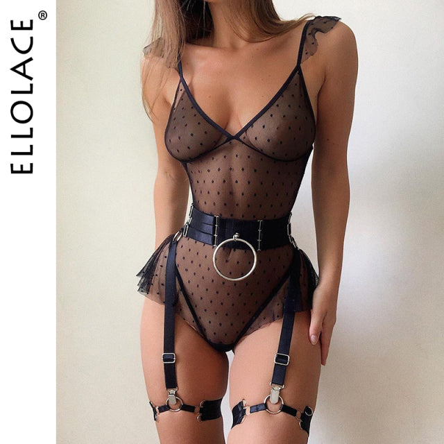 Ellolace Polka Dot Bodysuit Lingerie Sexy Transparent Tempt Sissy Body Lace See Through Erotic Costumes Fitness Porn Hot Tops