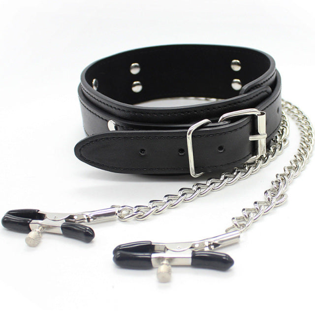 New Leather Choker Collar With Metal Nipple Breast Clamp Clip Chain Couple SM Sex Toys For Woman Sex Tools Adult Games Fetish