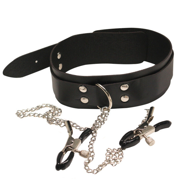 New Leather Choker Collar With Metal Nipple Breast Clamp Clip Chain Couple SM Sex Toys For Woman Sex Tools Adult Games Fetish