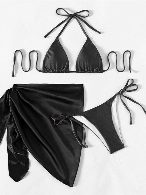 Sexy Halter With Sarong Bikini Women Swimwear Female Swimsuit Three-pieces Bikini set Padded Bather Bathing Suit Swim Lady V3243