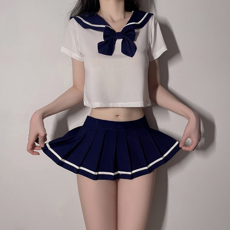 Schoolgirl Lingerie Women Japanese Sailor Collar Cosplay Costumes Sexy Uniform Bow Tempatation with Mini Pleated Skirt Student