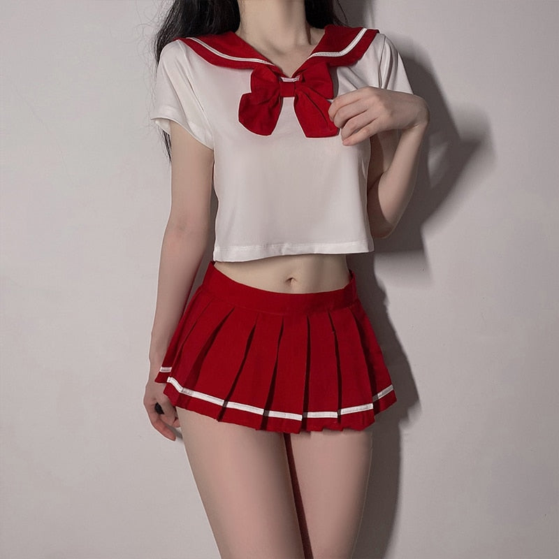 Schoolgirl Lingerie Women Japanese Sailor Collar Cosplay Costumes Sexy Uniform Bow Tempatation with Mini Pleated Skirt Student