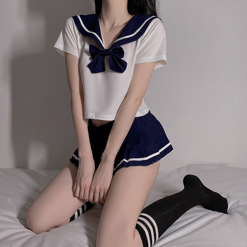 Schoolgirl Lingerie Women Japanese Sailor Collar Cosplay Costumes Sexy Uniform Bow Tempatation with Mini Pleated Skirt Student