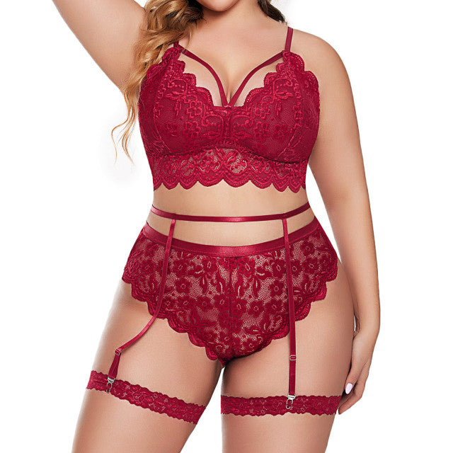 Plus Size Lingerie Set For Women Floral Lace Scallop Trim Garter Lingerie Set High Waist Bra Panties Set Female Backless Clothes