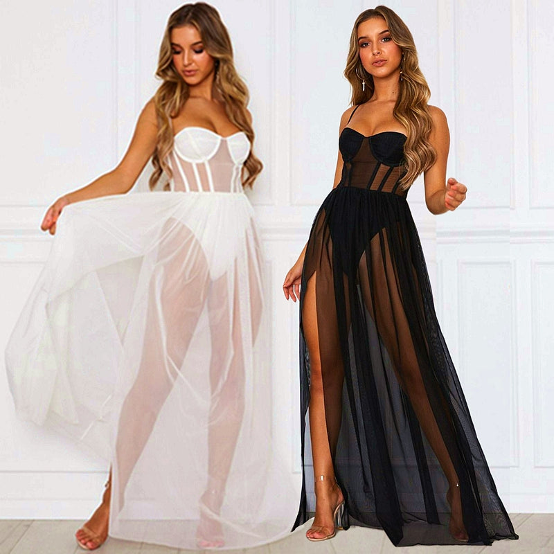 Summer Night Dress Women Sexy Ladies Long Gowns Vintage Nightgown Sex Sleeveless Sleepwear See-though Nightwear Lingerie Dress