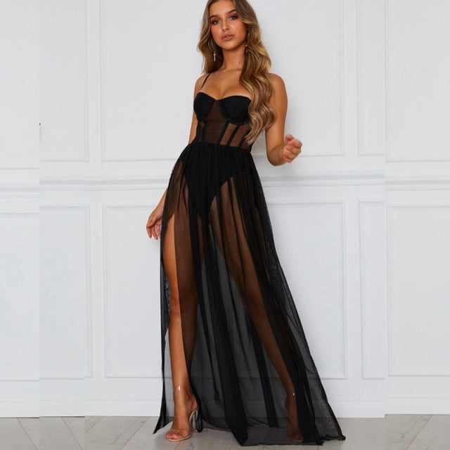 Summer Night Dress Women Sexy Ladies Long Gowns Vintage Nightgown Sex Sleeveless Sleepwear See-though Nightwear Lingerie Dress