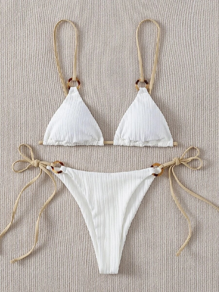 Sexy Bikini Set Cute White Plain Ring Linked Spaghetti Strap Triangle Thong Biquini Swimsuit Swimwear Women Bathing Suit B0