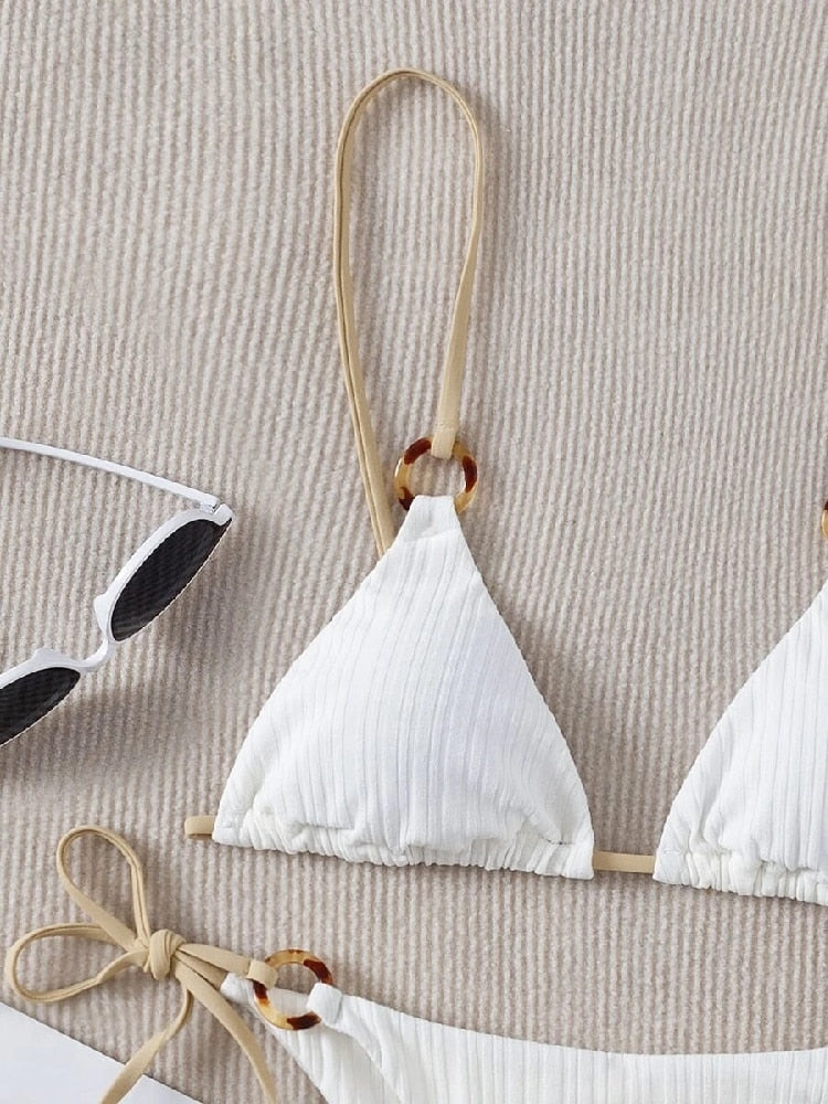 Sexy Bikini Set Cute White Plain Ring Linked Spaghetti Strap Triangle Thong Biquini Swimsuit Swimwear Women Bathing Suit B0