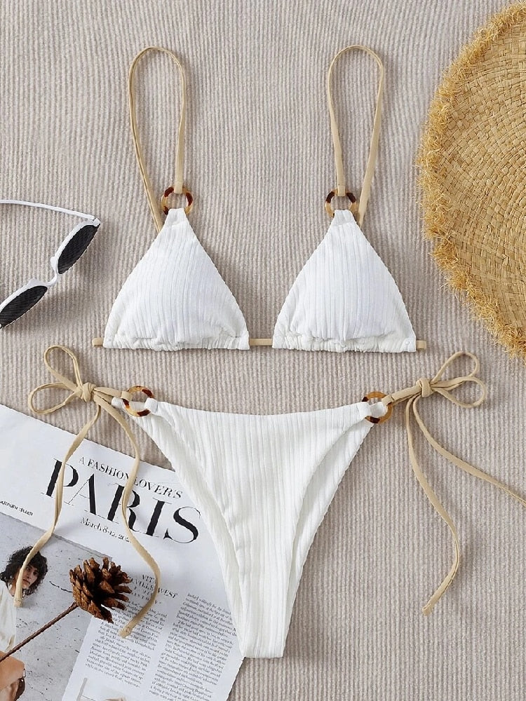 Sexy Bikini Set Cute White Plain Ring Linked Spaghetti Strap Triangle Thong Biquini Swimsuit Swimwear Women Bathing Suit B0