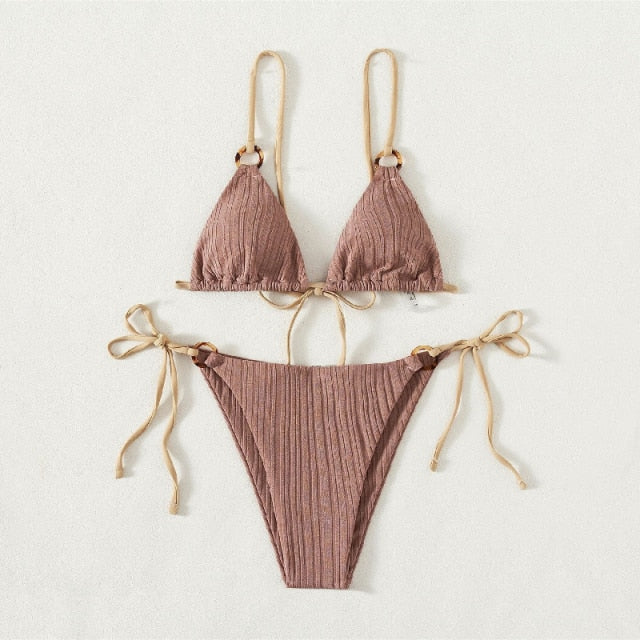 Sexy Bikini Set Cute White Plain Ring Linked Spaghetti Strap Triangle Thong Biquini Swimsuit Swimwear Women Bathing Suit B0
