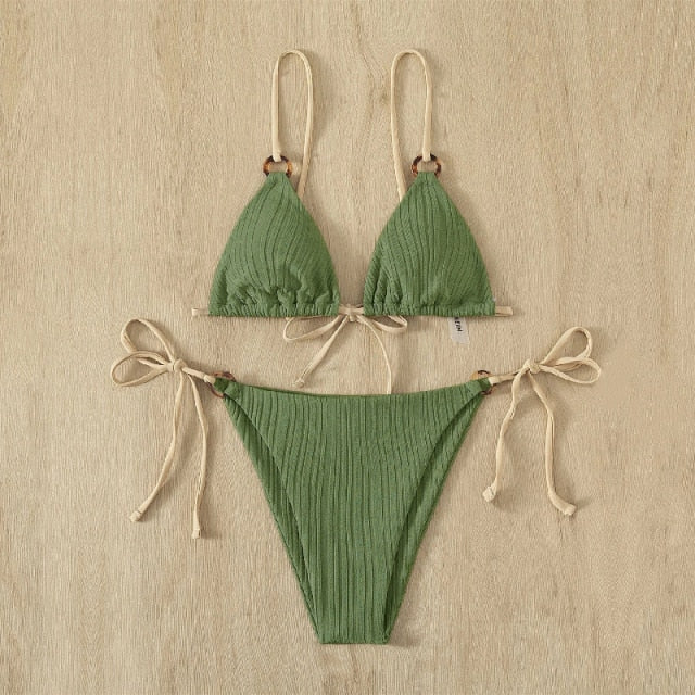 Sexy Bikini Set Cute White Plain Ring Linked Spaghetti Strap Triangle Thong Biquini Swimsuit Swimwear Women Bathing Suit B0