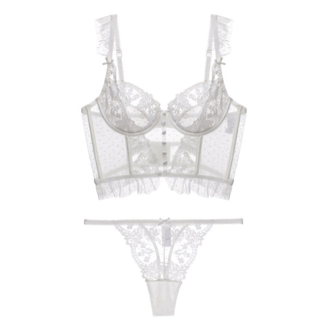 CINOON French Lingerie Sexy Women Underwear Set Push Up Brassiere Lace Transparent Bra Panty Sets Wedding White Thin Underwear