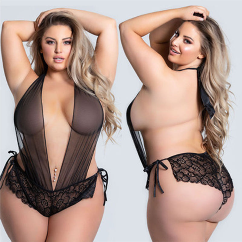 3XL-5XLPlus Size Womens Sexy Leather Lace Lingerie Underwear Porno Hollow Out Sleepwear Sexy Teddy Nightgown
