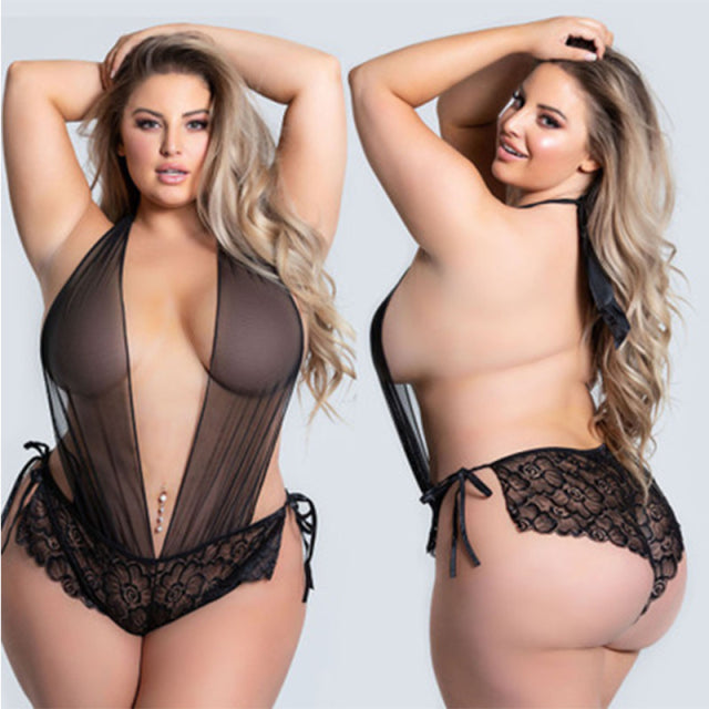 3XL-5XLPlus Size Womens Sexy Leather Lace Lingerie Underwear Porno Hollow Out Sleepwear Sexy Teddy Nightgown