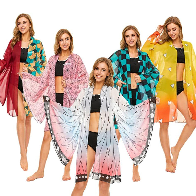 Cosplay Anime Demon Slayer Kimono Cardigan Kimetsu No Yaiba Keychain Kamado Tanjirou Two Piece V Neck Bathing Bikini Swimsuit