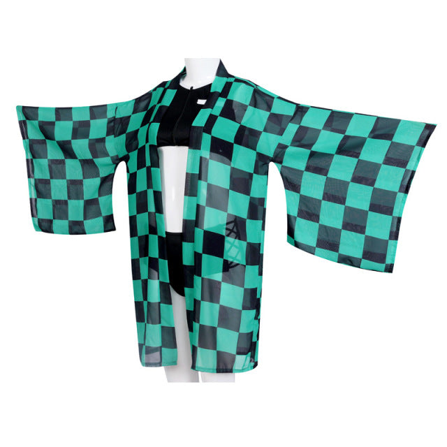 Cosplay Anime Demon Slayer Kimono Cardigan Kimetsu No Yaiba Keychain Kamado Tanjirou Two Piece V Neck Bathing Bikini Swimsuit