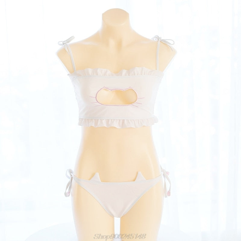 Cosplay Cat Hollow Keyhole Bra With Briefs Lingerie Underwear Set With Necklace S01 20 Dropship