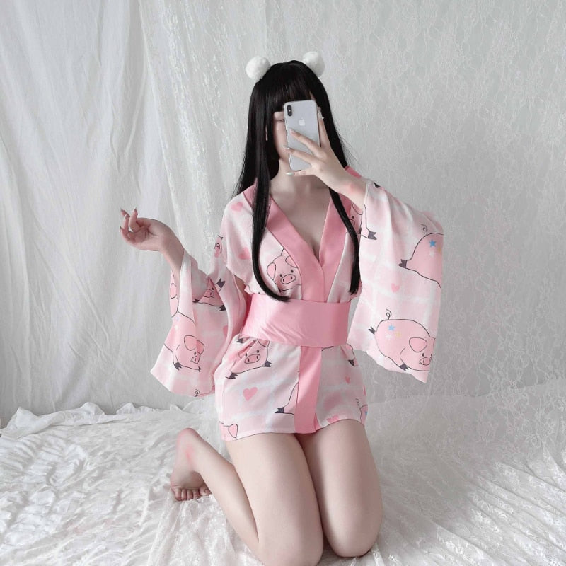 Traditional Style Robe Temptation Costumes Pajamas Soft Silk Belt Set for Women Sexy Lingerie Japanese Kimono Cosplay Outfit