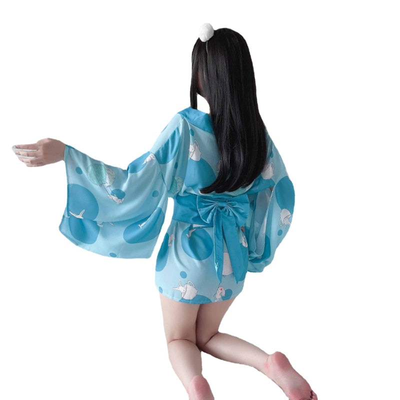 Traditional Style Robe Temptation Costumes Pajamas Soft Silk Belt Set for Women Sexy Lingerie Japanese Kimono Cosplay Outfit