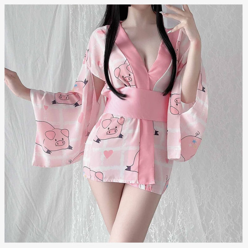 Traditional Style Robe Temptation Costumes Pajamas Soft Silk Belt Set for Women Sexy Lingerie Japanese Kimono Cosplay Outfit