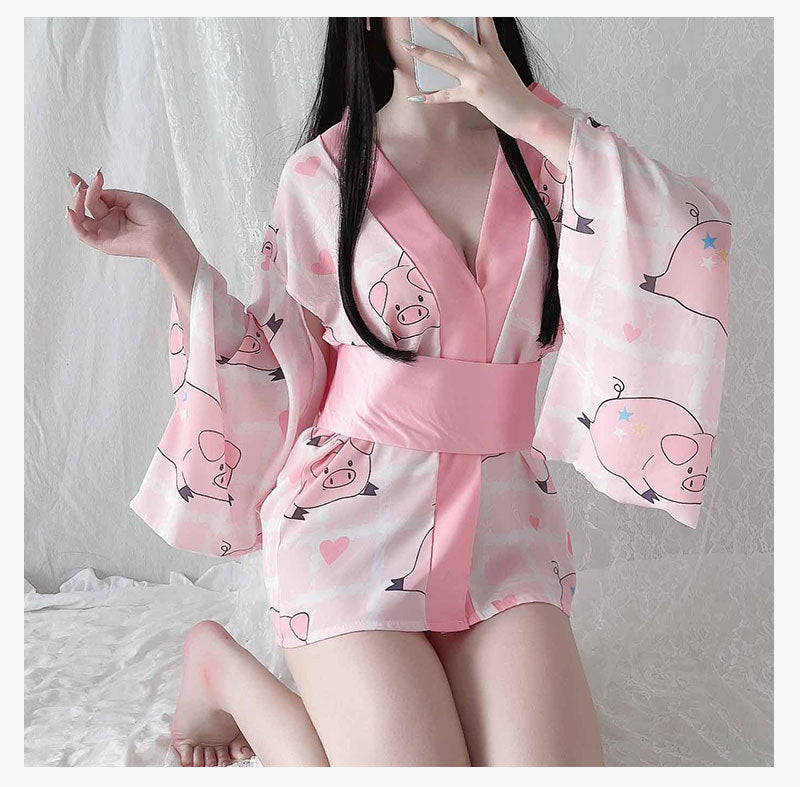 Traditional Style Robe Temptation Costumes Pajamas Soft Silk Belt Set for Women Sexy Lingerie Japanese Kimono Cosplay Outfit