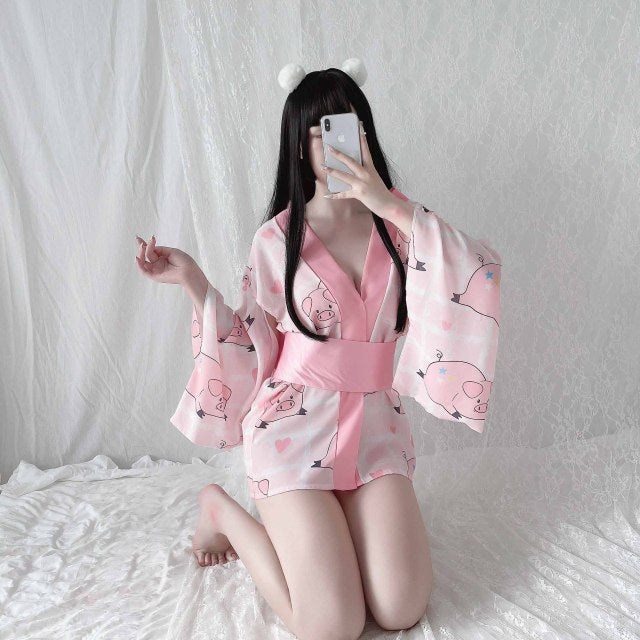 Traditional Style Robe Temptation Costumes Pajamas Soft Silk Belt Set for Women Sexy Lingerie Japanese Kimono Cosplay Outfit