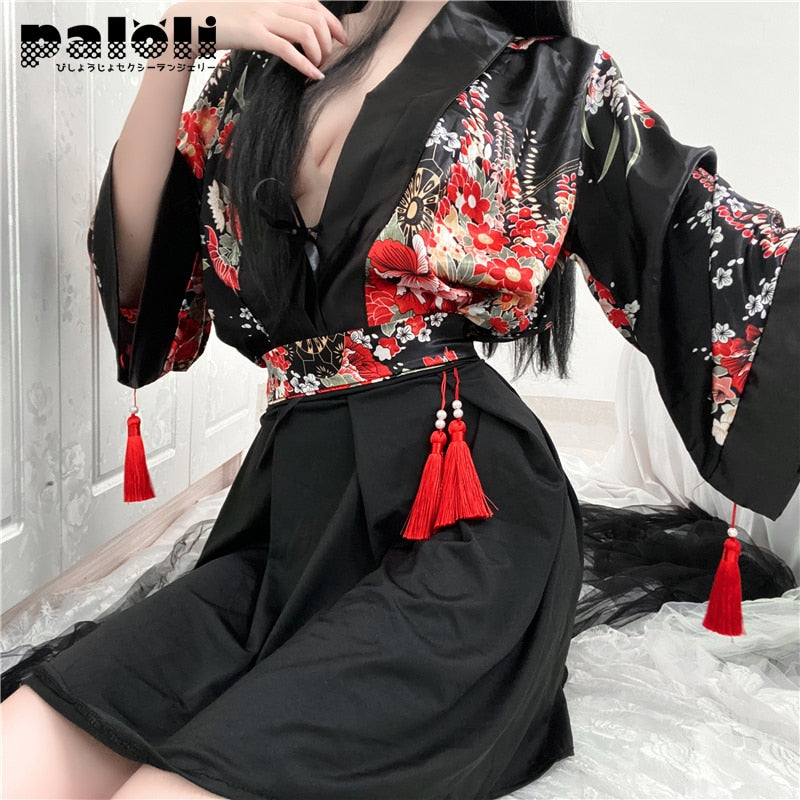 Sexy Black Printed Erotic Lingerie Japanese Cardigan Kimono Role Play Costumes Split Four-Piece Suit Sleepwear