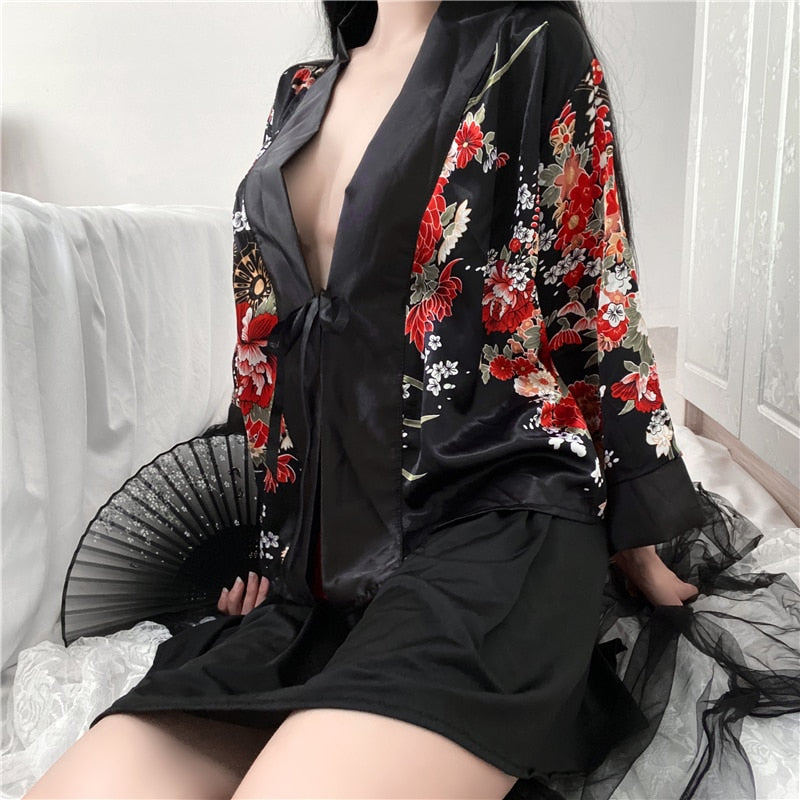Sexy Black Printed Erotic Lingerie Japanese Cardigan Kimono Role Play Costumes Split Four-Piece Suit Sleepwear