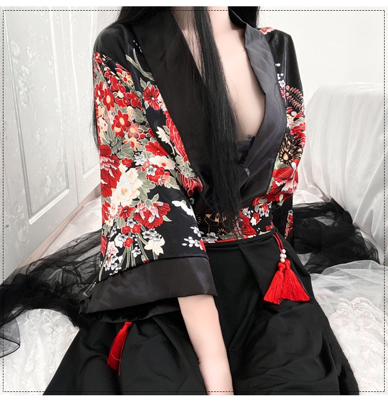 Sexy Black Printed Erotic Lingerie Japanese Cardigan Kimono Role Play Costumes Split Four-Piece Suit Sleepwear