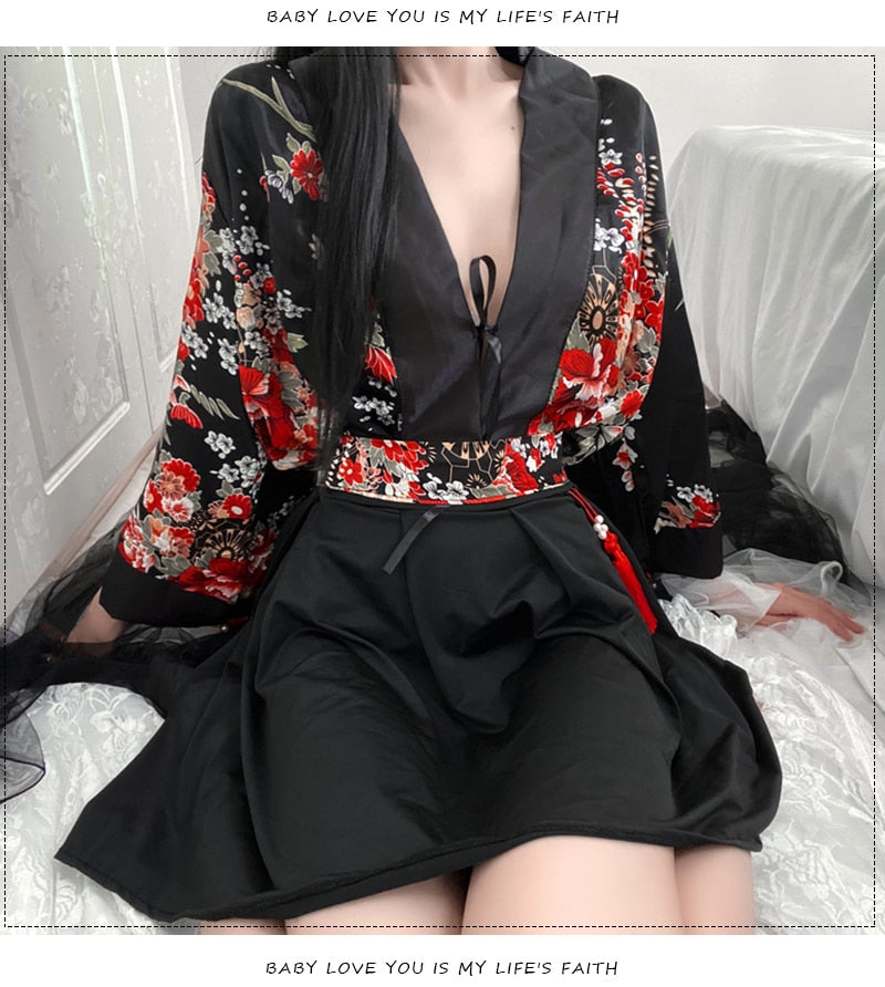 Sexy Black Printed Erotic Lingerie Japanese Cardigan Kimono Role Play Costumes Split Four-Piece Suit Sleepwear