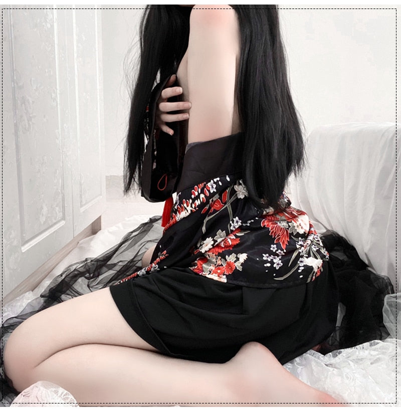 Sexy Black Printed Erotic Lingerie Japanese Cardigan Kimono Role Play Costumes Split Four-Piece Suit Sleepwear