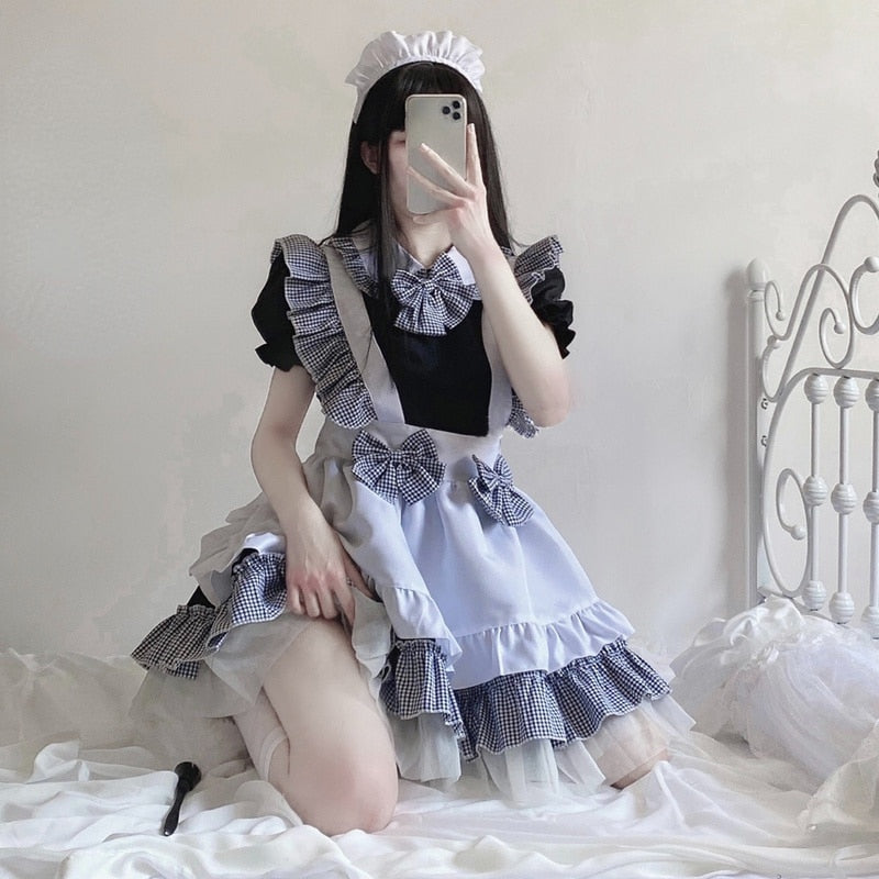 Halloween Cosplay Costumes Womens Lolita Kawaii Maid Outfit Japanese Black White Apron Maid Lingerie Lolita Dress