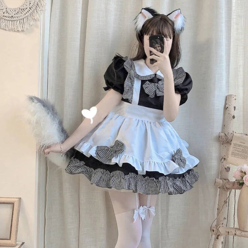 Halloween Cosplay Costumes Womens Lolita Kawaii Maid Outfit Japanese Black White Apron Maid Lingerie Lolita Dress