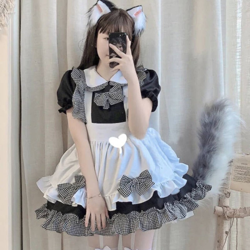 Halloween Cosplay Costumes Womens Lolita Kawaii Maid Outfit Japanese Black White Apron Maid Lingerie Lolita Dress