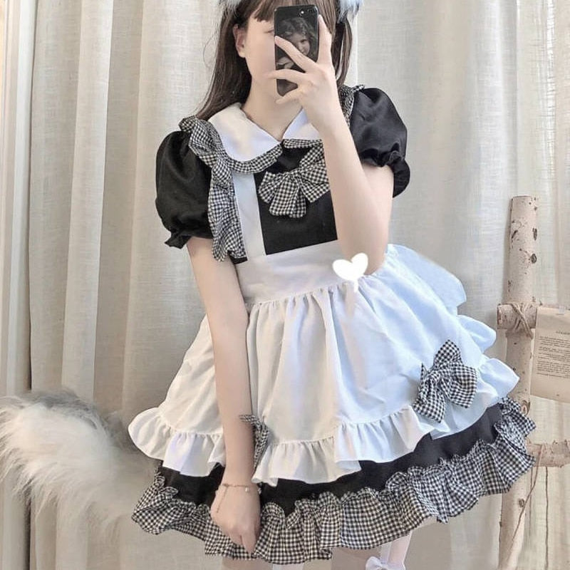 Halloween Cosplay Costumes Womens Lolita Kawaii Maid Outfit Japanese Black White Apron Maid Lingerie Lolita Dress