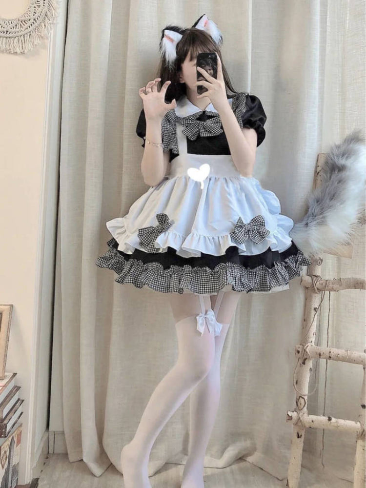 Halloween Cosplay Costumes Womens Lolita Kawaii Maid Outfit Japanese Black White Apron Maid Lingerie Lolita Dress